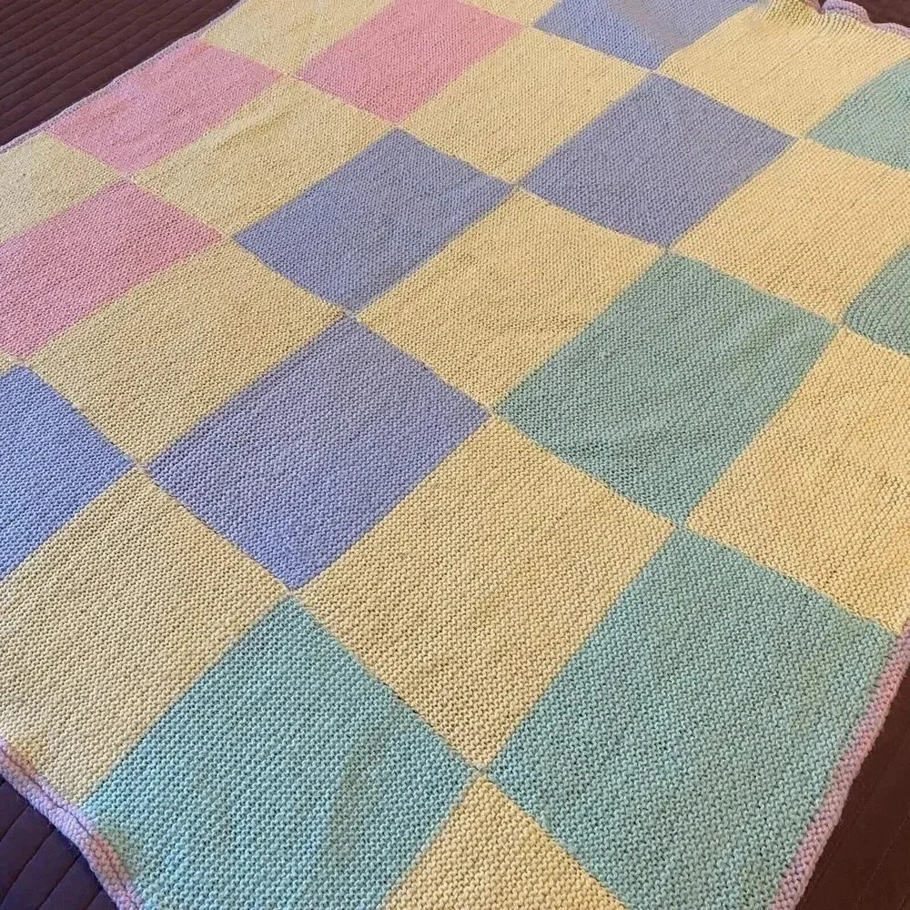 VTG Hand Knit Unisex Baby Blanket Color Block Pink Blue Green Yellow Cottagecore